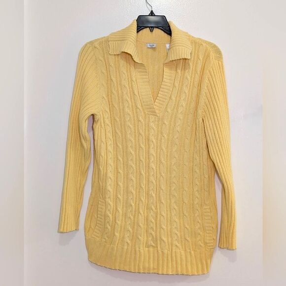Liz & Co Yellow Cable Knit Sweater 2X 100% Cotton Collared V-Neck Preppy Coastal - Picture 2 of 8